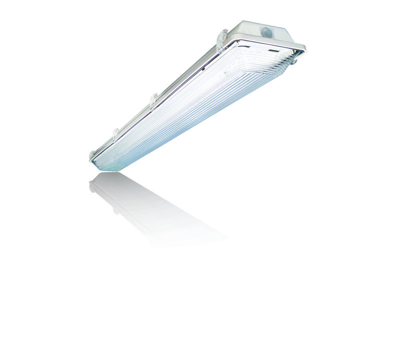General area lighting distribution lensed fluorescent Vaportight available with 1 lamp T5 or T8.